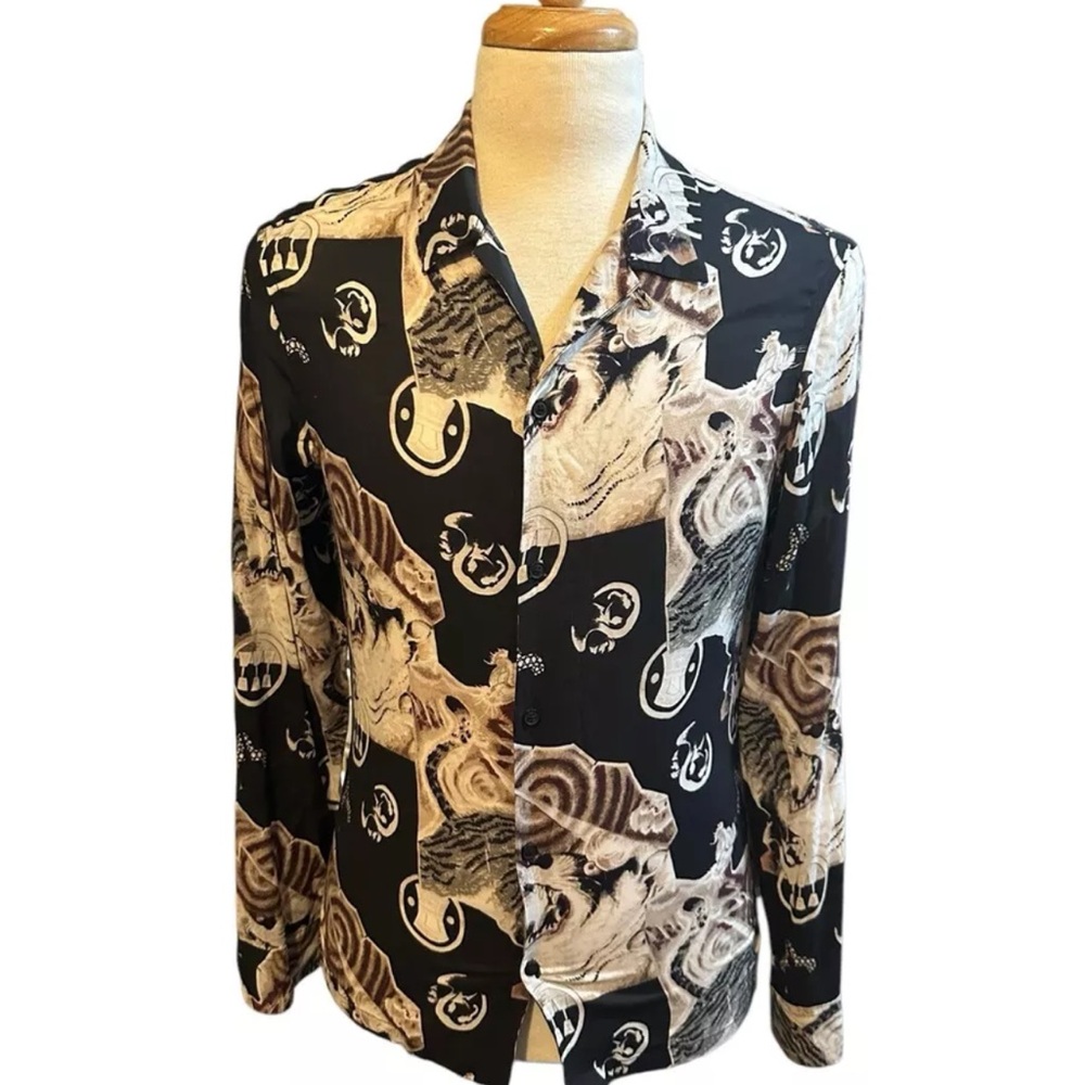 All Saints Black and Cream Abstract Pattern Button-Down Shirt